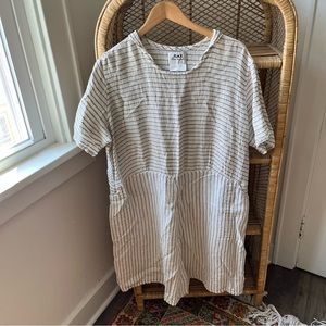 Flax Striped 100% Linen Smocked Dress Lagenlook Medium